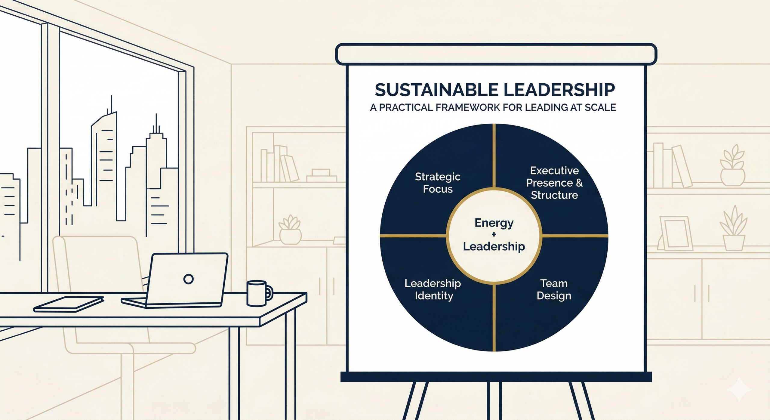 Sustainable leadership framework for senior leaders showing five pillars: strategic focus, executive presence, team design, leadership identity, and energy