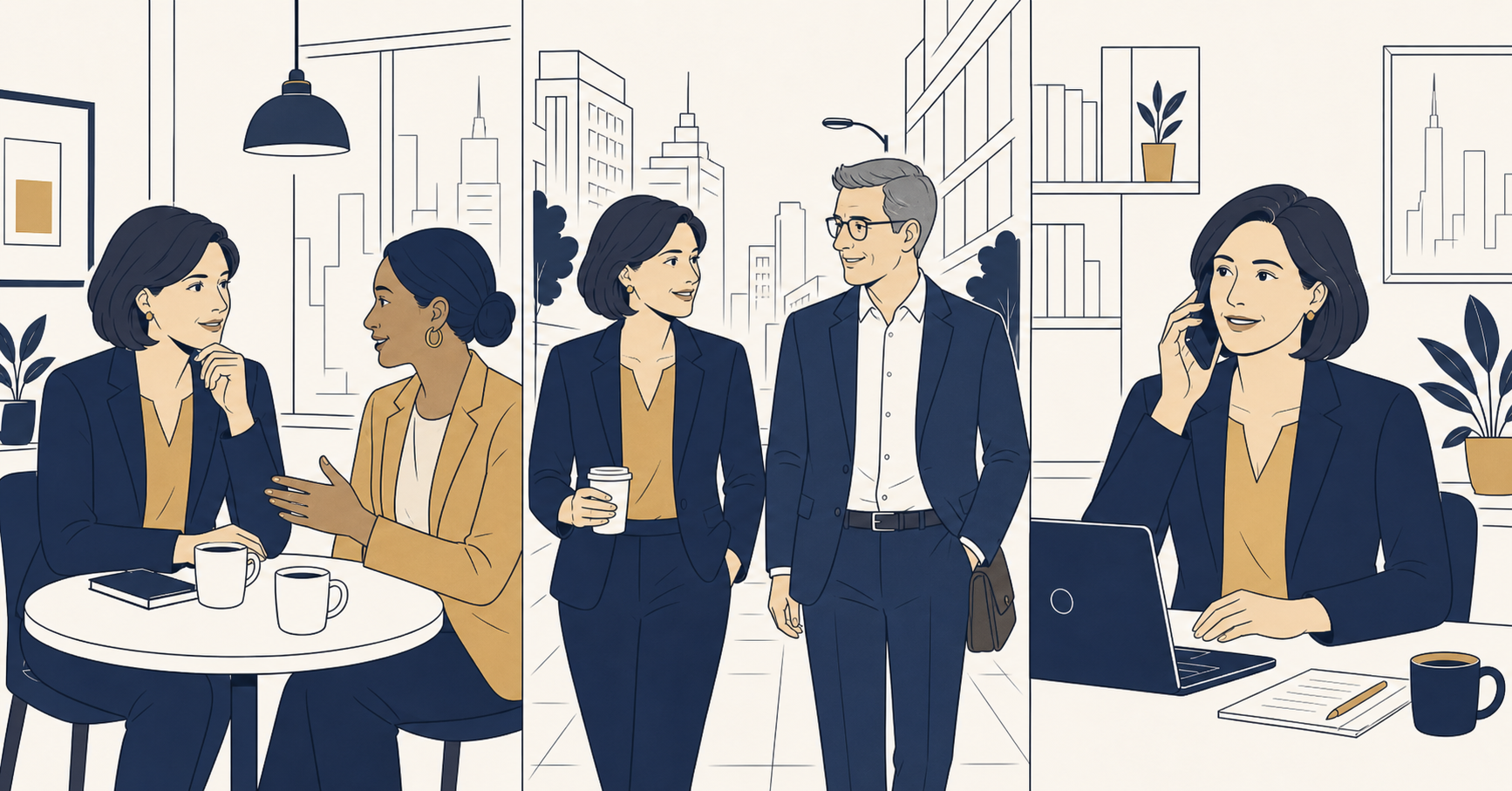 Personal board of directors illustration showing a leader having trusted leadership conversations with mentors, peers, and senior advisors.
