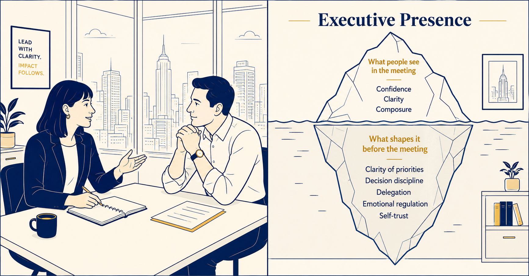 Executive presence iceberg showing visible confidence and composure supported by hidden leadership work beneath the surface.