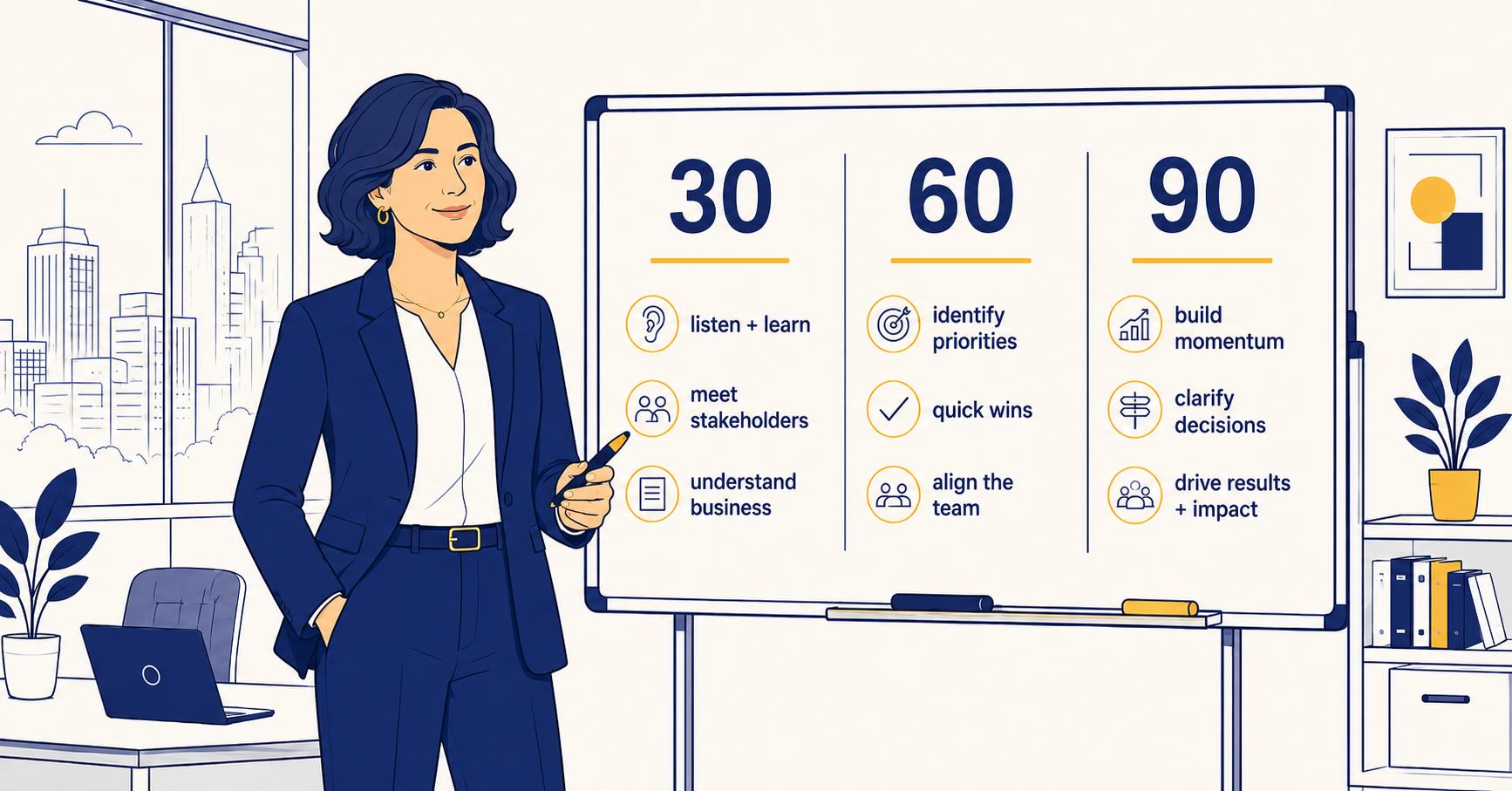 Senior leader standing beside a whiteboard with a 30, 60, 90 day plan for the first 90 days in a leadership role.